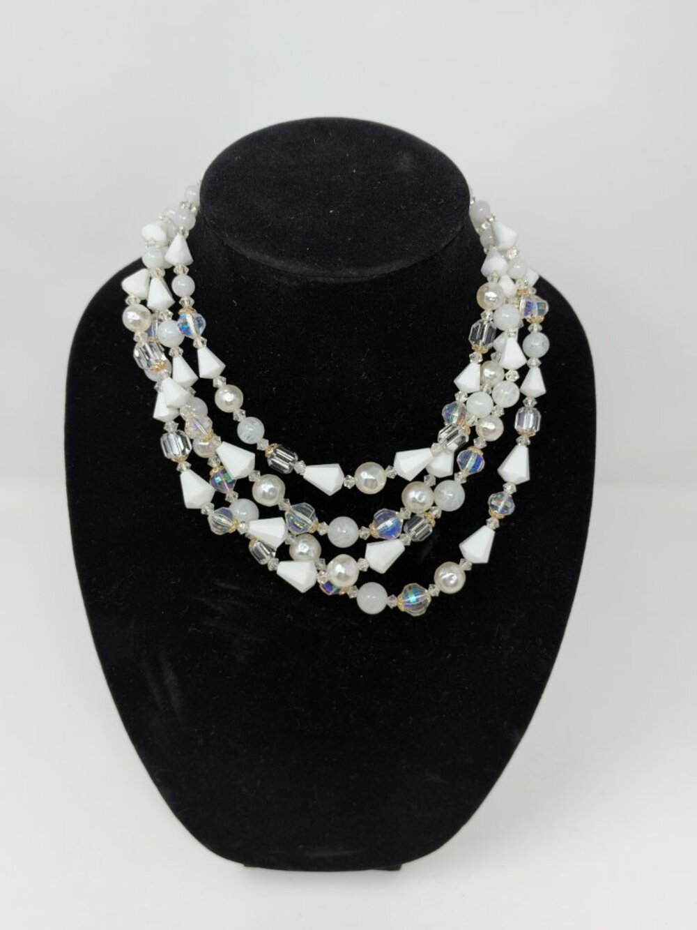 Vintage Germany 3 Strand White Beaded AB Faux Pearl Necklace